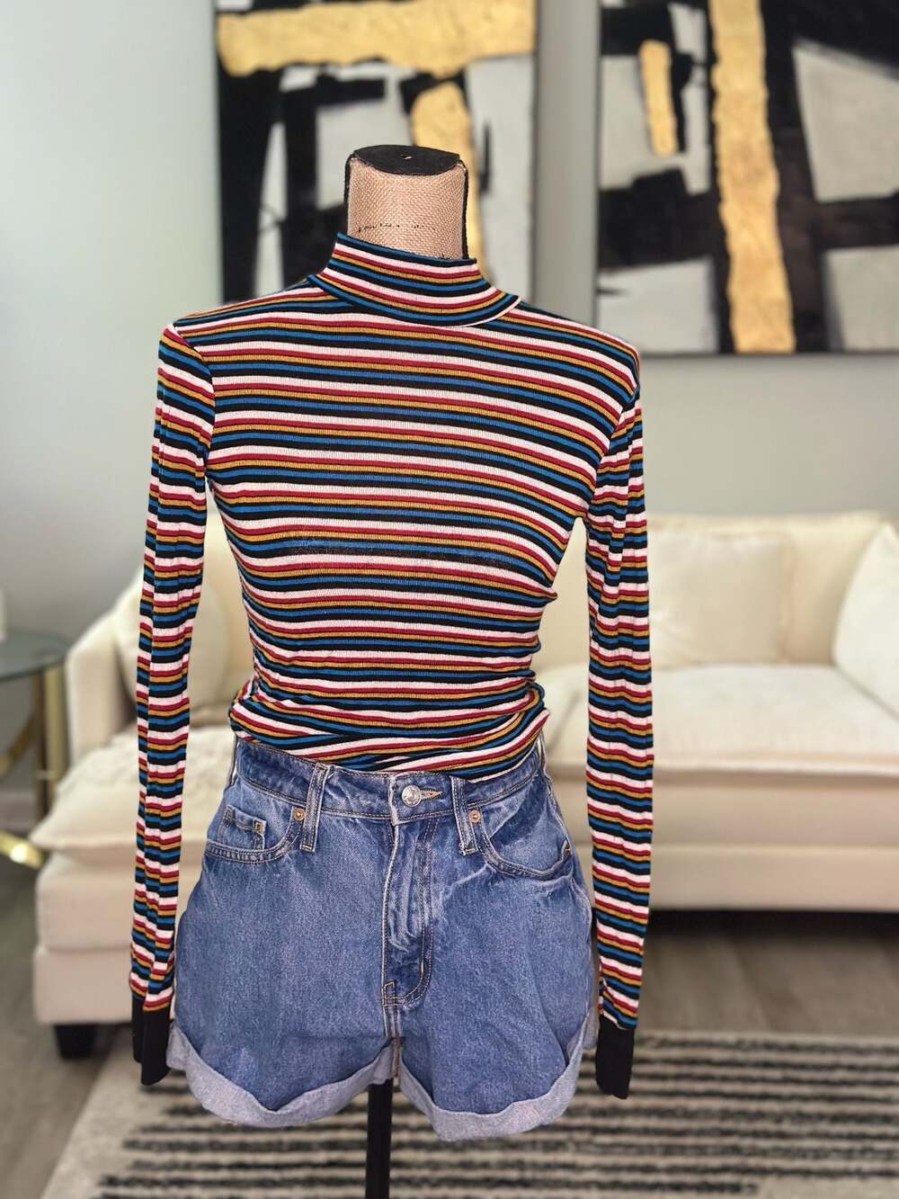 rue21 Women's Long Sleeve Mock Neck Striped Rib-Knit Shirt Size XS